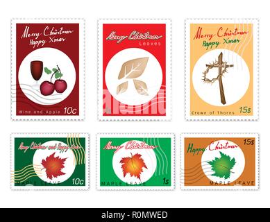 Merry Xmas, Post Stamps Set of Hand Drawn Sketch of Red Wind, Apple, Maple Leaves, Dried Leaves, Wooden Cross and Crown of Thorns Sign for Christmas S Stock Vector