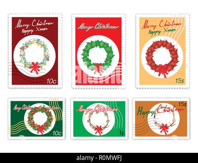 Merry Xmas, Post Stamps Set of Hand Drawn Sketch of Christmas Wreath Decorated with Ornaments, Balls, Stars, Maple and Red Bow. Sign for Christmas Cel Stock Vector