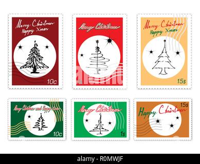Merry Xmas, Post Stamps Set of Illustration Hand Drawn Sketch of Lovely Christmas Trees, Sign for Start Christmas Celebration. Stock Vector