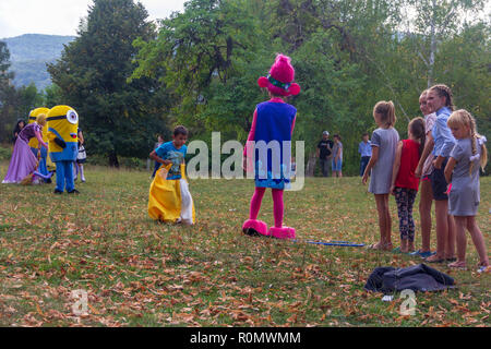 Kamennomostsky, Russia - September 1, 2018: Holiday day of the village Kamennomostsky with animators and children's playgrounds and competitions in th Stock Photo