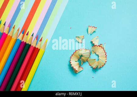 colored pencils, trash and rainbow colorful stripes, stationary Stock Photo
