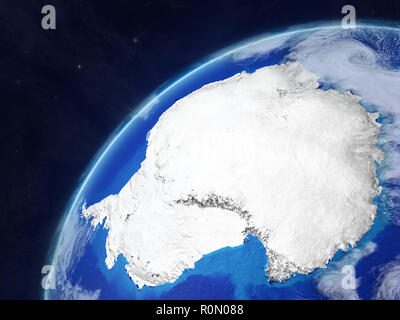 Antarctica on model of planet Earth with very detailed planet surface and clouds. 3D illustration. Elements of this image furnished by NASA. Stock Photo