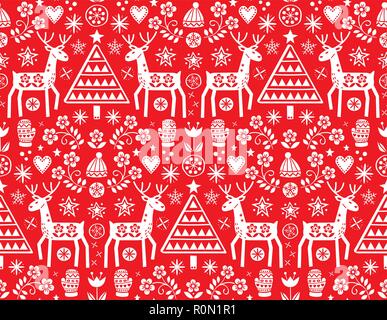 Christmas folk art vector seamless pattern with reindeer, flowers, Xmas tree and winter clothes design in white on red background - Merry Christmas Stock Vector