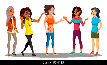 Multicultural Group Of Happy Women Together Vector. Illustration Stock Vector