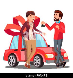 Man Giving Woman Keys Of Red Car Vector. Present, Gift. Illustration Stock Vector