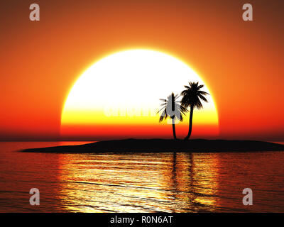 3d tropical sunset with island and palm trees. Ocean and neon sun