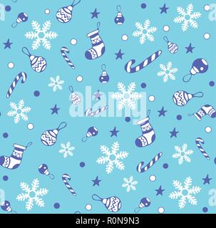 Happy New Year and Merry Christmas seamless pattern for greeting card, Background, wrapping paper, with socks, lollipop, striped stick, Christmas toy, Stock Vector