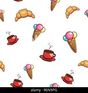 Seamless fast food pattern with coffee croissant icecream. Vector fast food pattern. Stock Vector