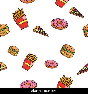 Seamless fast food pattern with burger donat pizza frenchfries. Vector fast food pattern. Stock Vector