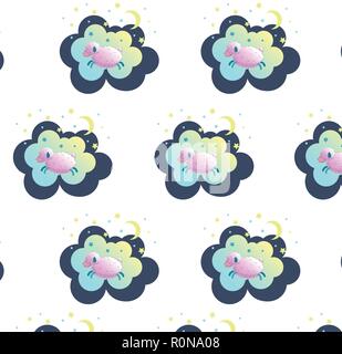 Cute sleeping sheep vector illustration. Seamless about sleep, dream or relax, baby sleep, pattern for bed linen. Stock Vector