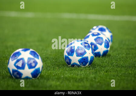 Thessaloniki, Greece - August 29, 2018: Official UEFA Champions League match ball on the grass during UEFA Champions League game PAOK vs FC Benfica  a Stock Photo