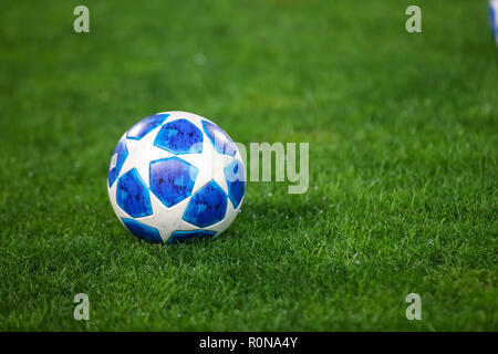 Thessaloniki, Greece - August 29, 2018: Official UEFA Champions League match ball on the grass during UEFA Champions League game PAOK vs FC Benfica  a Stock Photo
