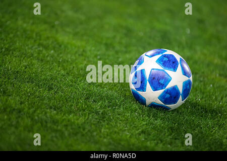 Thessaloniki, Greece - August 29, 2018: Official UEFA Champions League match ball on the grass during UEFA Champions League game PAOK vs FC Benfica  a Stock Photo