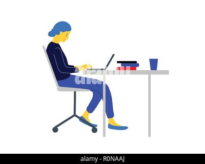 Freelance girl sitting in front of laptop at table. Vector illustration, isolated. background, advertisement, poster, banner, EPS 8 Stock Vector