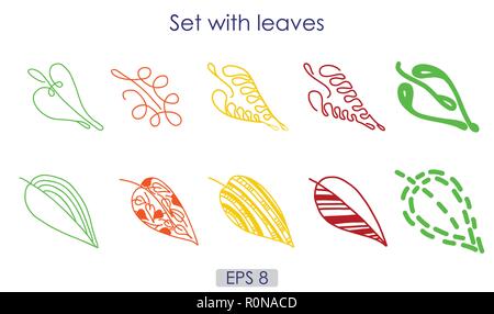 Art sketching set of vector leaves symbols, different interesting contours of tree leaves, logo, icon, colourful silhouette, vector illustration, EPS  Stock Vector