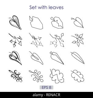 Art sketching set of vector leaves symbols, different interesting contours of tree leaves, logo, black silhouette, vector illustration, EPS 8 Stock Vector