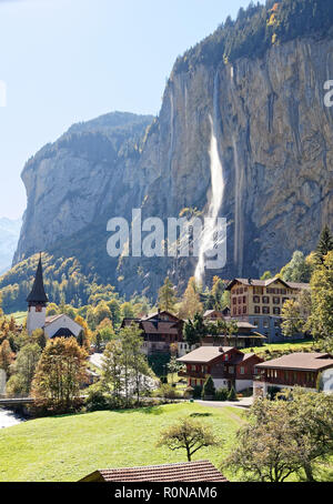 View of Staubbachfall waterfall from train heading for Kleine Scheidegg, Jungfrau Region, Switzerland Stock Photo