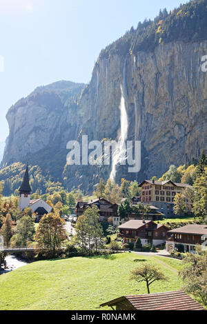 View of Staubbachfall waterfall from train heading for Kleine Scheidegg, Jungfrau Region, Switzerland Stock Photo