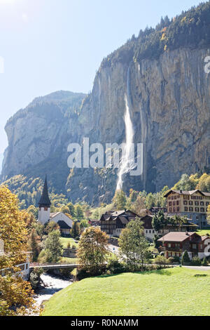 View of Staubbachfall waterfall from train heading for Kleine Scheidegg, Jungfrau Region, Switzerland Stock Photo