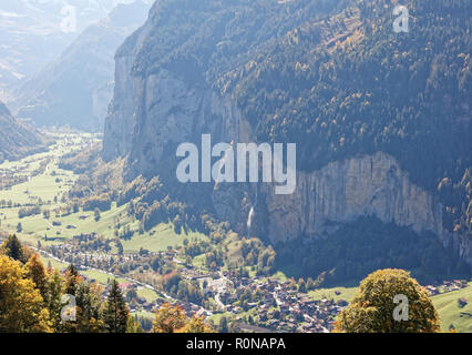 View of Staubbachfall waterfall from train heading for Kleine Scheidegg, Jungfrau Region, Switzerland Stock Photo