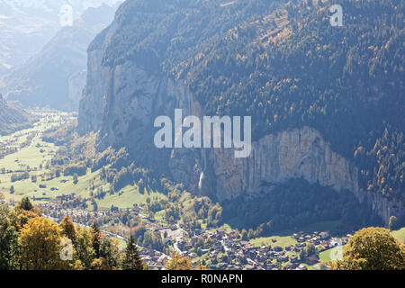 View of Staubbachfall waterfall from train heading for Kleine Scheidegg, Jungfrau Region, Switzerland Stock Photo