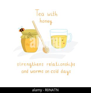 Tea time poster with cup of tea and honey jar and bee, vector funny illustration. tea with honey, banner, packing, label, postcard, advertisement Stock Vector