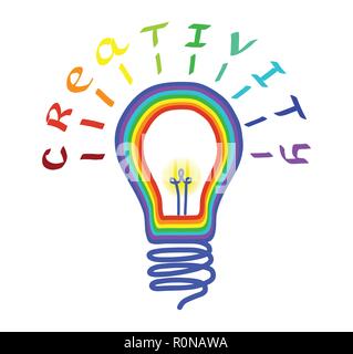 Creativity concept. Light bulb logo with lettering. Concept or creative thinking and unique ideas. Vector illustration Stock Vector