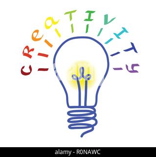 Creativity concept. Light bulb logo with lettering. Concept or creative thinking and unique ideas. Vector illustration Stock Vector