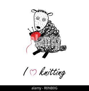 Knitting logo with funny sheep and ball of threads. Ball of red yarn with knitting needles, knit icon, poster, background, postcard. Lettering vector  Stock Vector