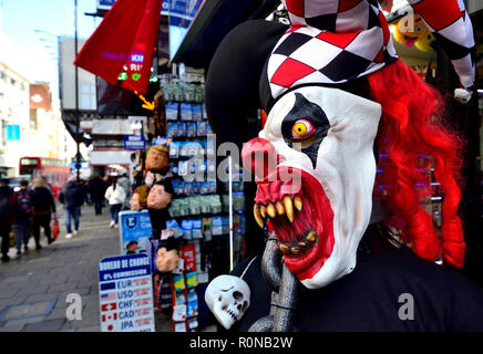 Halloween evil clown mask on sale in Oxford Street, London, England, UK. Stock Photo