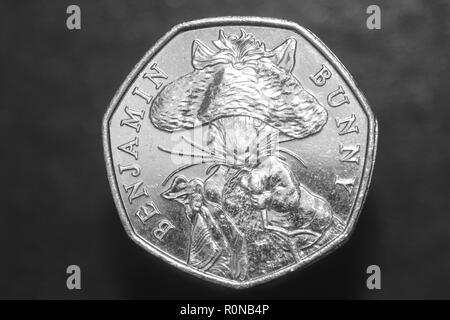 A Beatrix Potter Benjamin Rabbit 50p coin from the Royal Mint Stock Photo