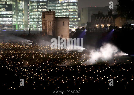 London, UK – October 5 2018: Lights fill the moat of the Tower of London as part of an art installation Beyond the Deepening Shadow, to mark the cente Stock Photo