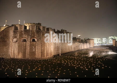 London, UK – October 5 2018: Lights fill the moat of the Tower of London as part of an art installation Beyond the Deepening Shadow, to mark the cente Stock Photo