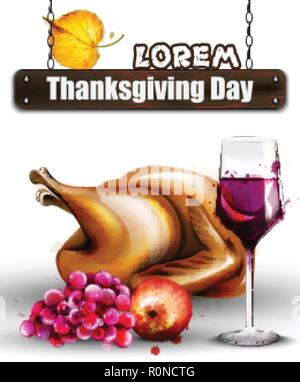 Thanksgiving roasted turkey and wine Vector. Watercolor poster template Stock Vector