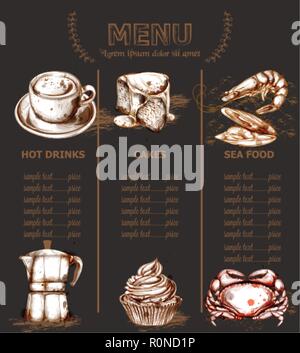 Menu template drinks, cakes and seafood Vector. Fresh coffee, cupcakes, lobesters design line arts dark