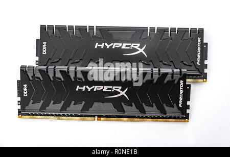 Kingston DDR4 HyperX Predator Black ram on white background. Stock Photo