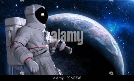 Astronaut in space floating above planet, cosmonaut with Earth globe in the background, 3D rendering Stock Photo