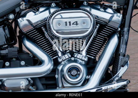 Close up of a beautiful motorbike at biker night on Poole Quay, Dorset, England, UK Stock Photo