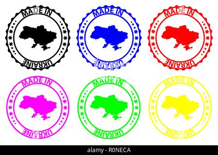 Made in Ukraine - rubber stamp - vector, Ukraine map pattern - black, blue, green, yellow, purple and red Stock Vector