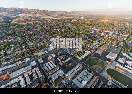 Aerial late afternoon view of suburban cul de sac street in the San ...