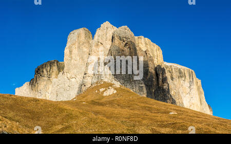autumn view of the mountain from the Sella Pass. Its connects the Gardena Valley in South Tyrol and Canazei in the Fassa Valley in Trentino, Italy. Stock Photo