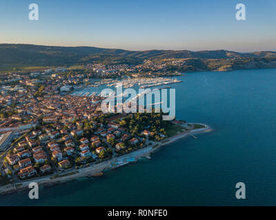 Aerial view of old town Izola in Slovenia, beautiful cityscape at sunset. Adriatic sea coast, peninsula of Istria, Europe. Stock Photo