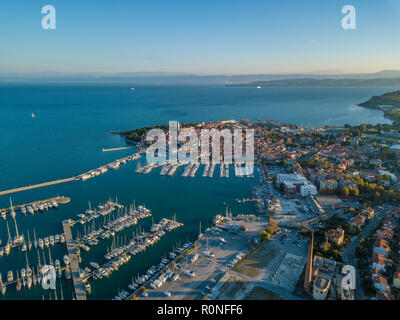 Aerial view of old town Izola in Slovenia, beautiful cityscape at sunset. Adriatic sea coast, peninsula of Istria, Europe. Stock Photo