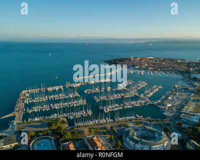 Aerial view of old town Izola in Slovenia, beautiful cityscape at sunset. Adriatic sea coast, peninsula of Istria, Europe. Stock Photo