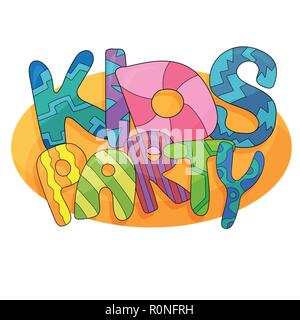 Kids party letter sign poster. Cartoon letters and colorful background. Vector flyer template illustration Stock Vector