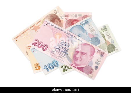 Turkish lira all banknotes mixed on white Stock Photo