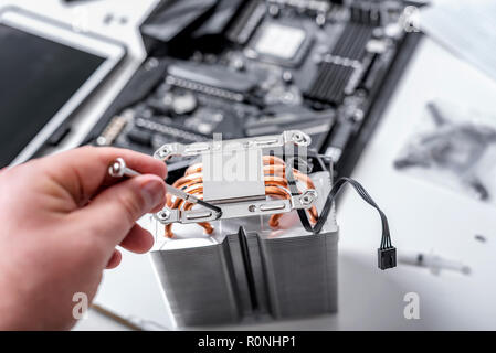 Installing or repair the air cooling system of the PC processor. Stock Photo