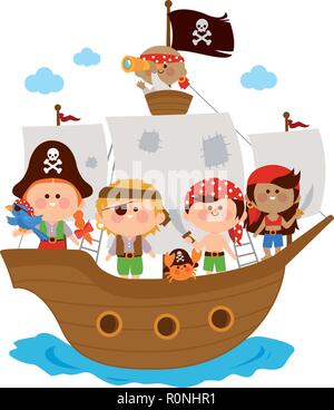 Pirate children, boys and girls sailing on a pirate ship in the sea. Cute cartoon pirate kids on a boat in the ocean. Vector illustration Stock Vector