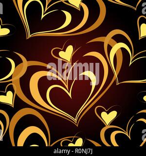 Seamless Pattern with golden heart on black background. Vector illustration. Stock Vector