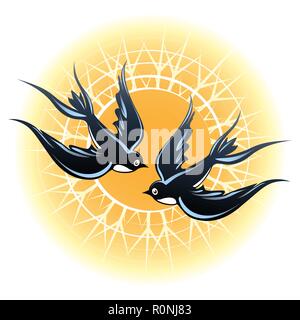 Two flying swallow birds against shining sun. Vector illustration. Stock Vector
